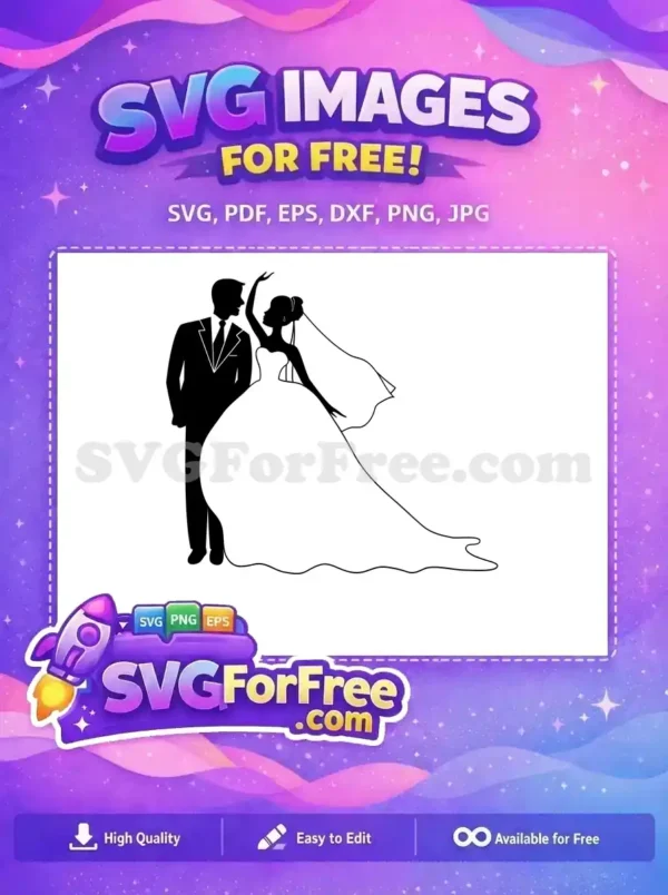 Elegant free wedding couple silhouette SVG, featuring a groom in a suit and a bride in a flowing gown and veil.