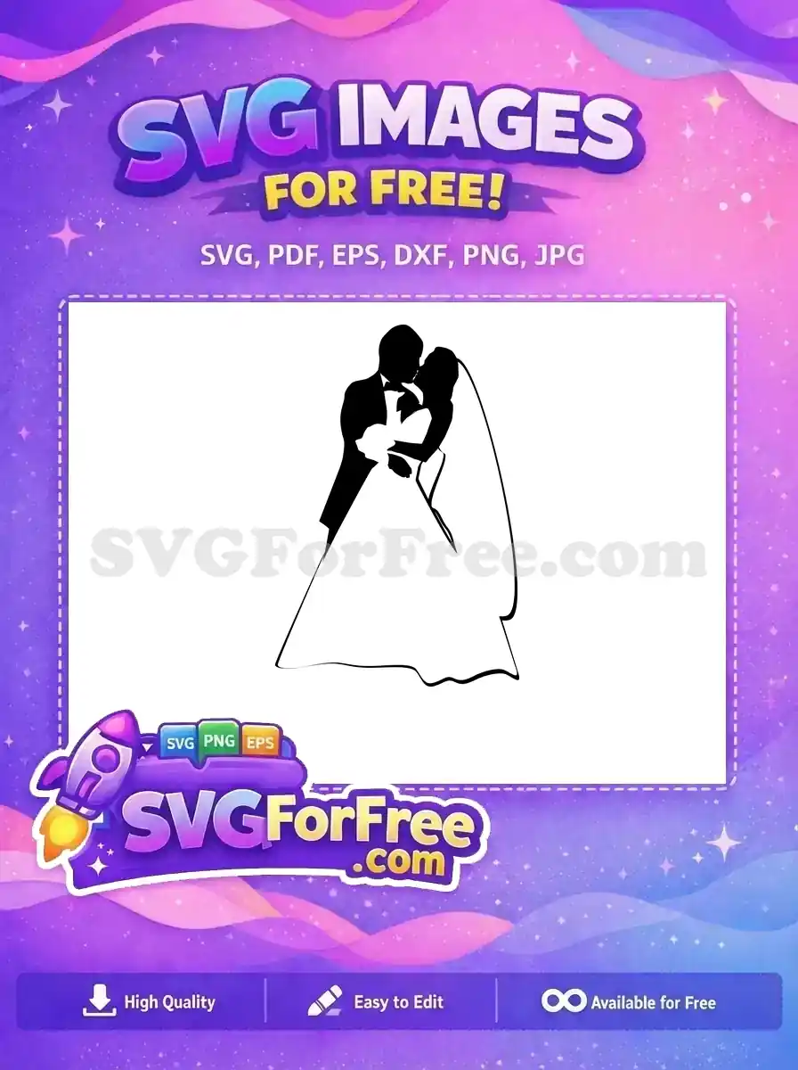 Striking free wedding couple silhouette kissing, perfect for romantic designs. Download this free SVG for your special projects today!
