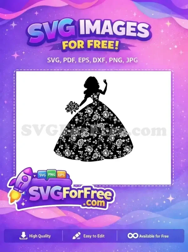 Elegant free SVG silhouette of a woman in a stunning rose gown holding a bouquet. A beautiful free design for your creative projects.