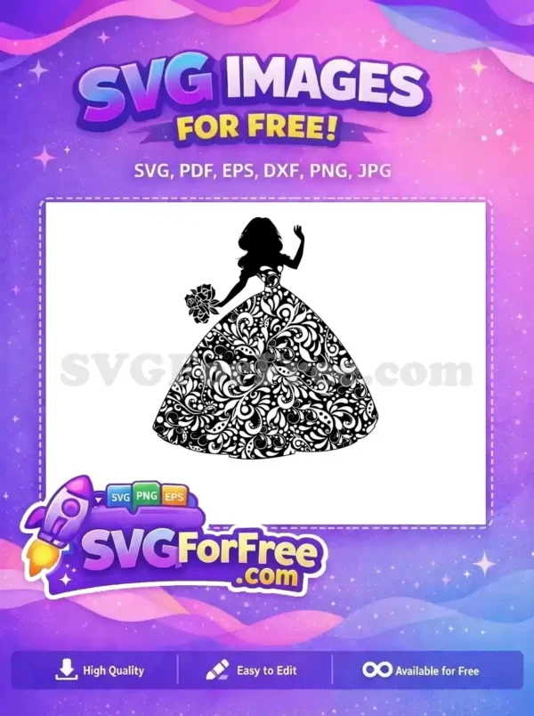 A stunning free design of a princess silhouette in an ornate floral gown, holding roses. This free SVG is ideal for elegant crafts and digital projects.