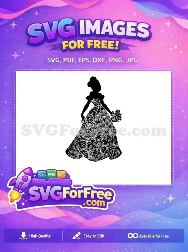 Elegant free princess silhouette SVG, featuring a flowing gown adorned with detailed floral and mandala patterns. A stunning free design for crafts.