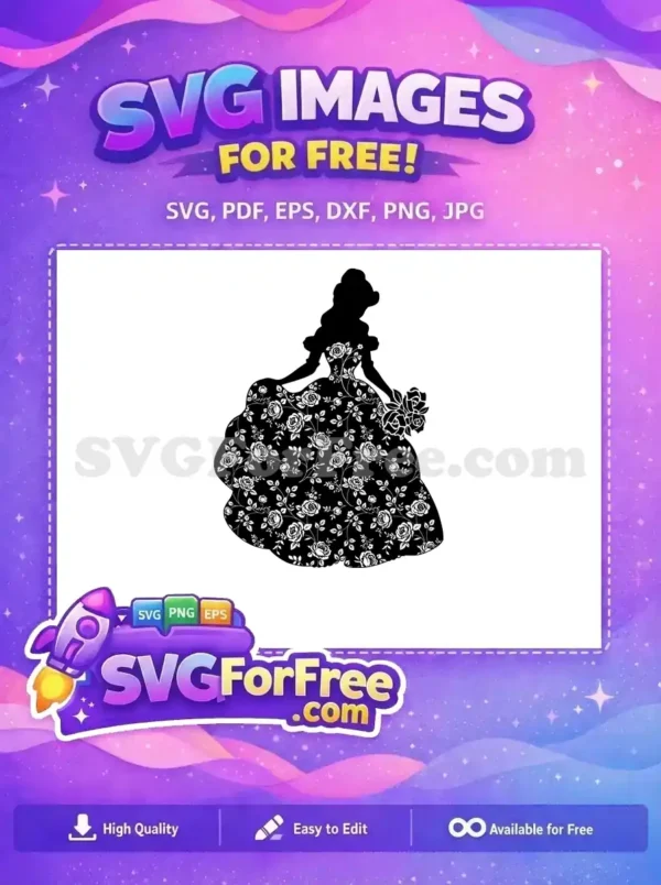 Free design of an elegant silhouette princess in a rose-patterned gown holding a bouquet; perfect free SVG for crafts.
