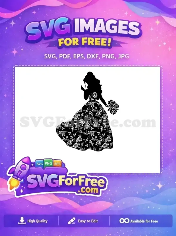 An elegant free design featuring a woman's silhouette in a stunning rose-patterned ball gown holding a bouquet.
