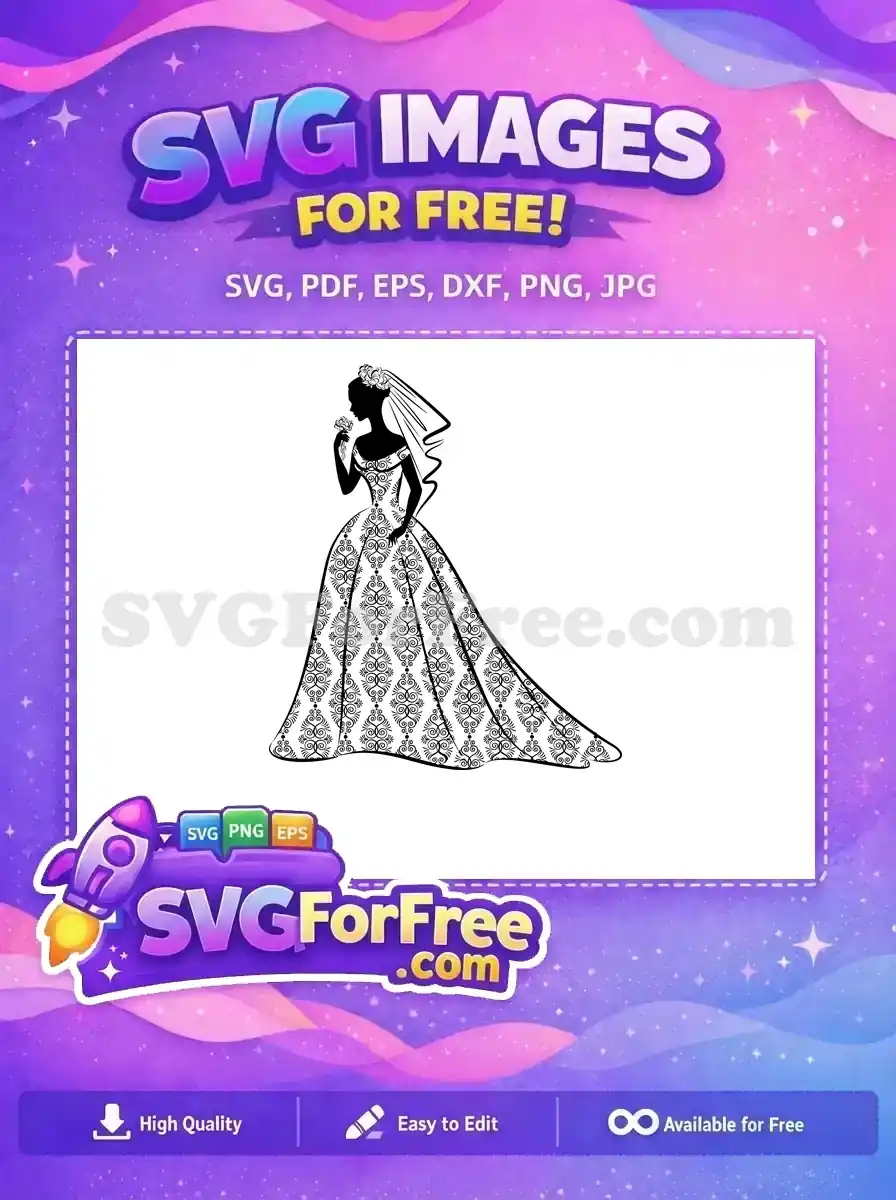 A stunning free bridal silhouette SVG, showcasing a bride in an ornate gown with a flowing veil, holding a flower. Ideal for wedding invitations and decor.