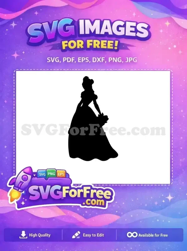 Graceful free princess silhouette in a ball gown, holding flowers. This free SVG is ideal for craft projects.