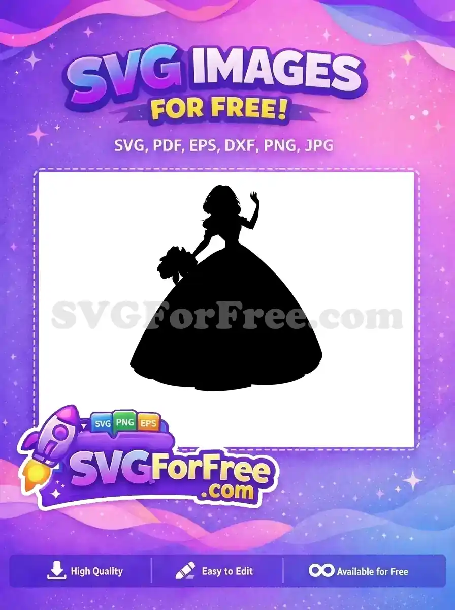Free princess silhouette SVG featuring a graceful woman in a ball gown holding flowers, ideal for free craft projects.