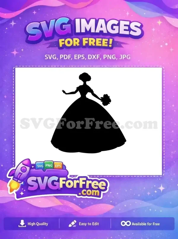 Elegant free design featuring a silhouette of a historical lady in a grand ball gown, holding a floral bouquet. This free SVG cutout is perfect for vintage-themed crafts.