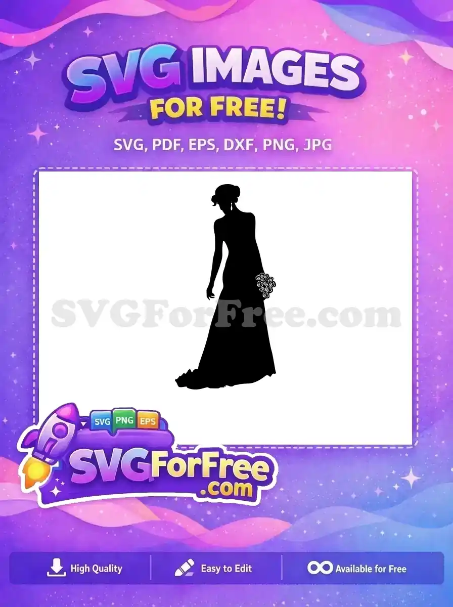 A graceful free bride silhouette in a flowing gown, holding a bouquet. Ideal for wedding projects and free crafting.