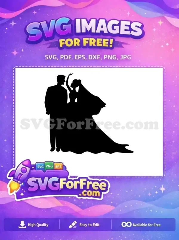 Free Wedding Couple Silhouette SVG – Elegant Bridal Design Elegant free bride and groom silhouette in a classic pose, perfect for crafting. This stunning free design captures wedding romance beautifully.