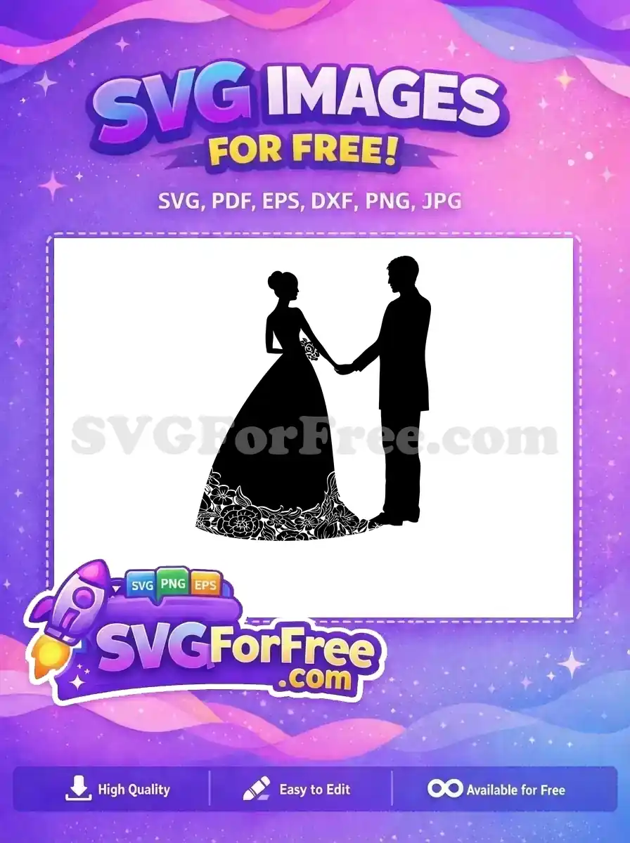 A captivating free wedding couple silhouette, showcasing a bride in a floral gown and groom holding hands. This free design is ideal for romantic themed projects.