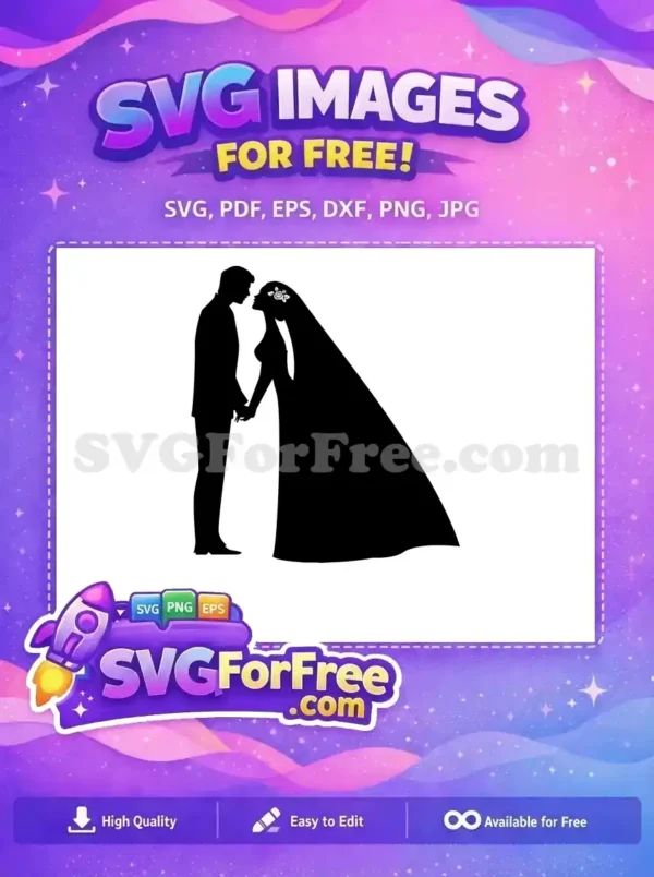 A stunning free silhouette of a bride and groom, hand-in-hand, gazing lovingly. Ideal for free wedding-themed projects.