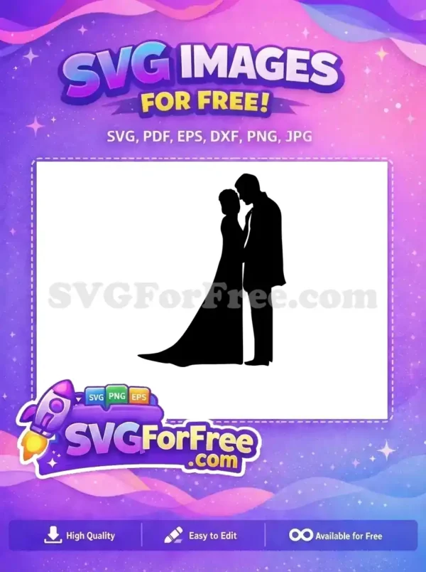 A free design featuring a romantic silhouette of a bride and groom embracing, ideal for wedding invitations.