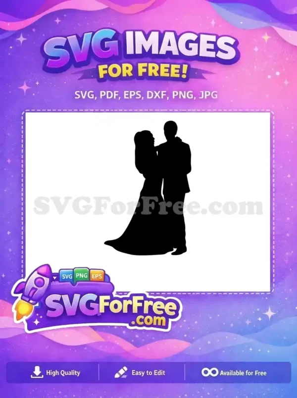 A stunning free SVG silhouette of a romantic wedding couple dancing, ideal for diverse creative projects and crafts.