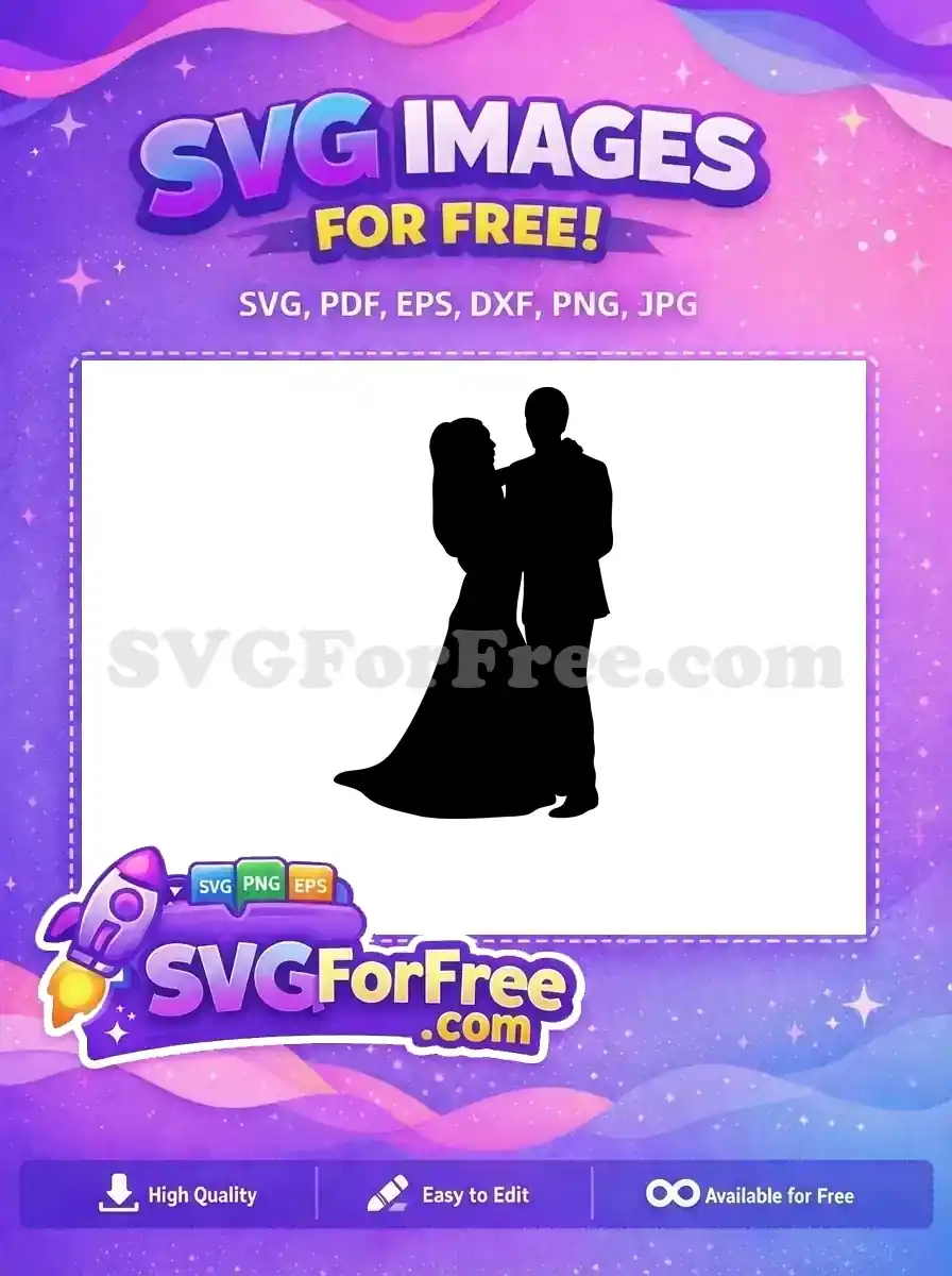 A stunning free SVG silhouette of a romantic wedding couple dancing, ideal for diverse creative projects and crafts.