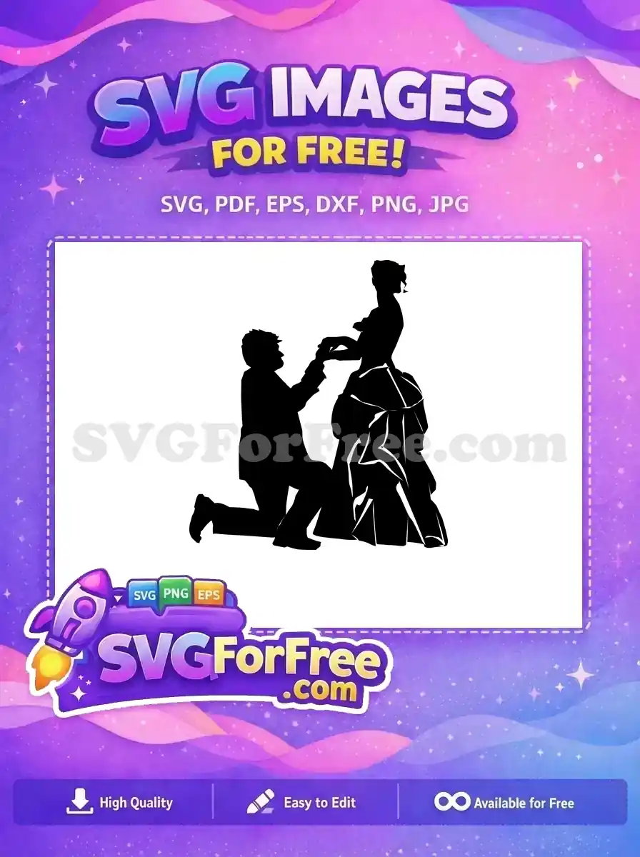 A free design silhouette depicting a man proposing on one knee to a woman, symbolizing love and commitment.