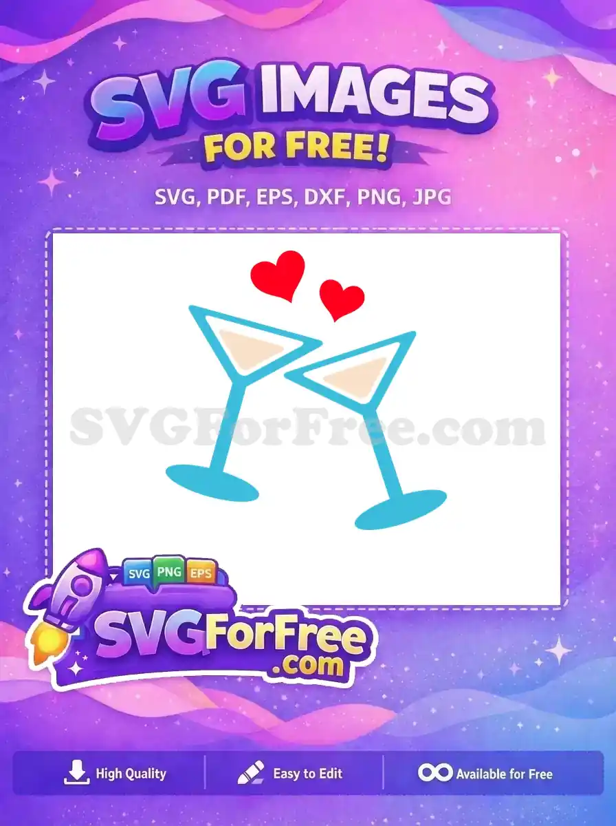A delightful free design showing two blue cocktail glasses toasting, with red hearts above. Ideal for romantic themes.