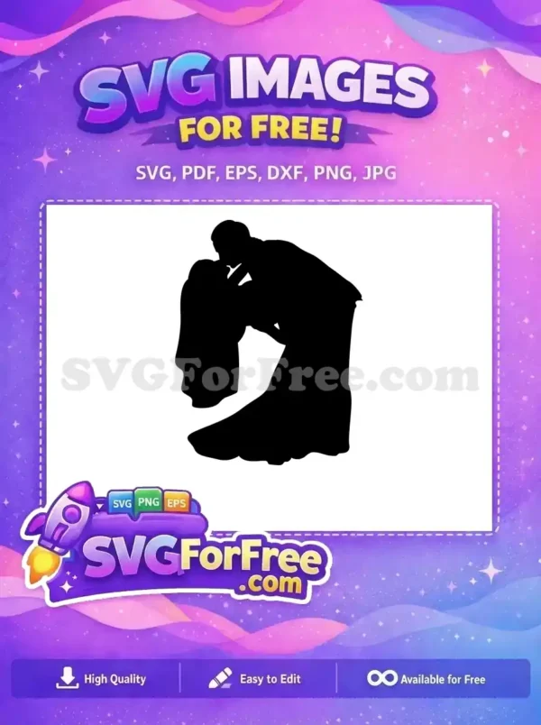 Free Romantic Kiss Silhouette – Perfect Wedding Design A free SVG silhouette of a man kissing a woman, depicting a tender, romantic moment. Ideal for free wedding designs.