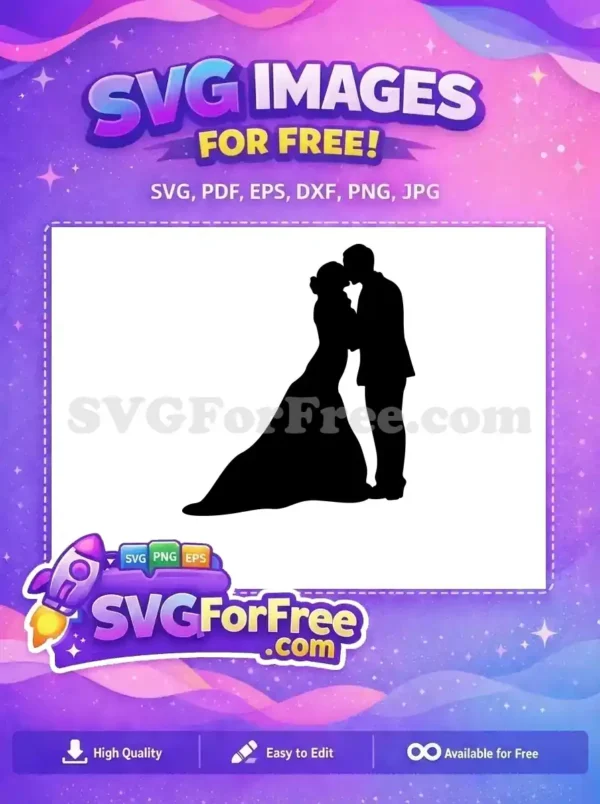 Free Wedding Kiss Silhouette Design – Bride & Groom Love A beautiful free design featuring a romantic silhouette of a bride and groom sharing a tender kiss, perfect for wedding crafts.