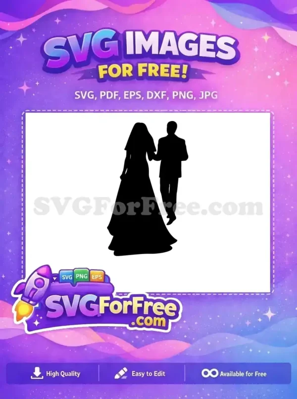 Elegant Free Wedding Couple Silhouette SVG Design for Projects A stunning free design of a bride and groom silhouette, perfect for wedding projects and romantic themes. This free vector art captures marital bliss.
