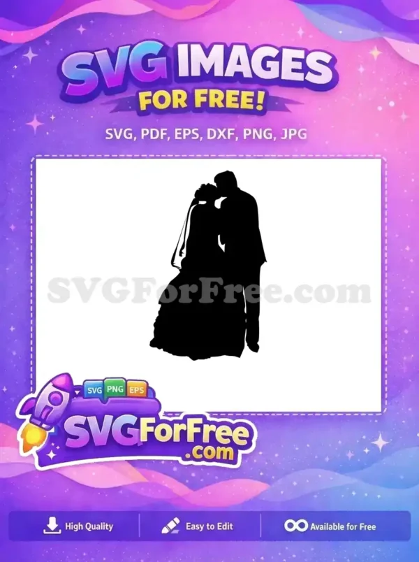Free Wedding Kiss Silhouette – Romantic SVG Design A free SVG of a loving bride and groom silhouette sharing a tender kiss, perfect for wedding invitations and decor needs.
