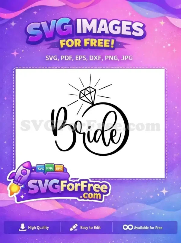 Free elegant 'Bride' script with a sparkling diamond ring design, perfect for wedding crafts and bridal events.