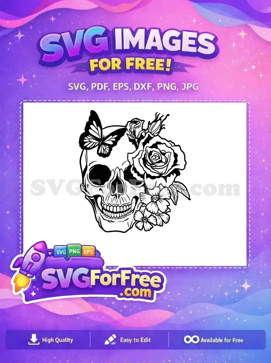 A free, detailed black and white SVG of a skull with a butterfly, roses, and flowers, perfect for gothic designs.