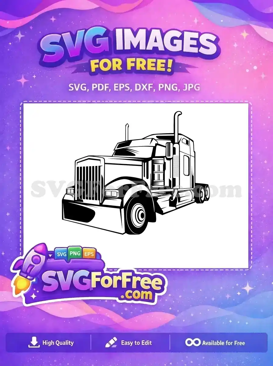 A detailed black and white illustration of a powerful semi-truck, a free design for various creative projects. Ideal for commercial use, offering high-quality vector graphics.