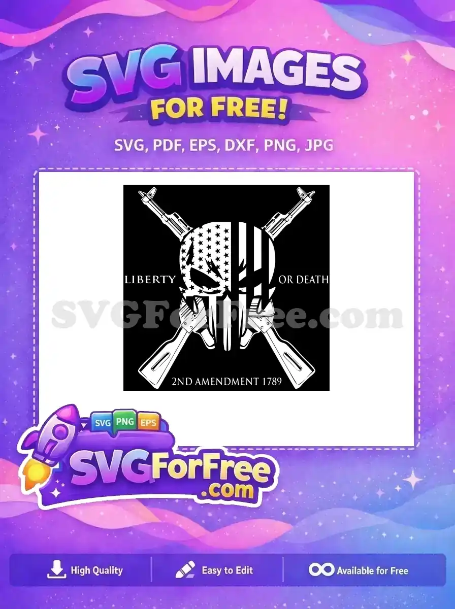A free striking patriotic design with a Punisher-style skull, US flag elements, crossed rifles, and 'LIBERTY OR DEATH' text.