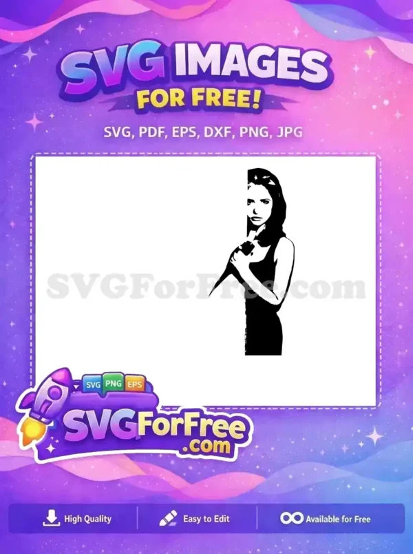 A free design of a fierce woman in a black and white stencil, partially obscured, holding a stake, ready for battle. This free vector art captures a heroic spirit, perfect for fans.