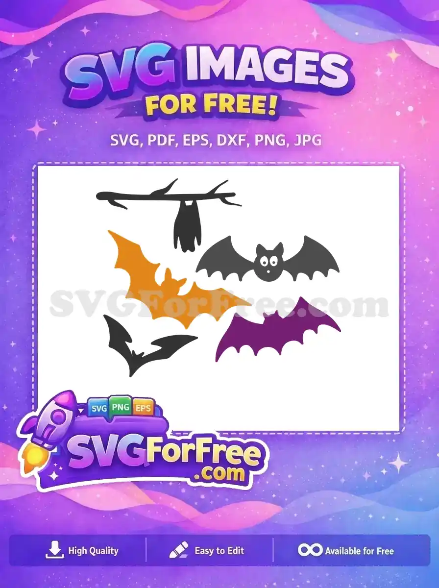 A collection of free Halloween bat SVG designs, featuring multiple cartoon bats in dark grey, orange, and purple, perfect for free spooky crafting.