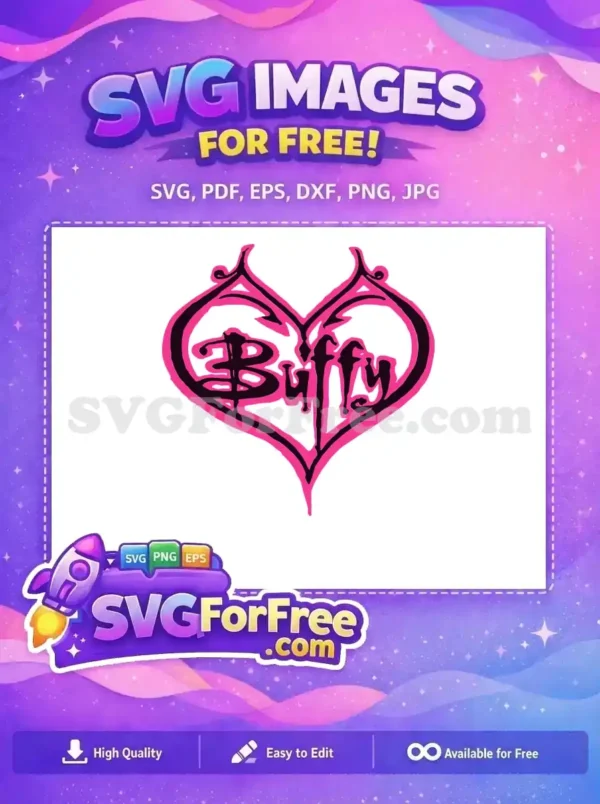 A free vibrant pink and black Buffy the Vampire Slayer logo within a stylized heart, perfect for fan projects.
