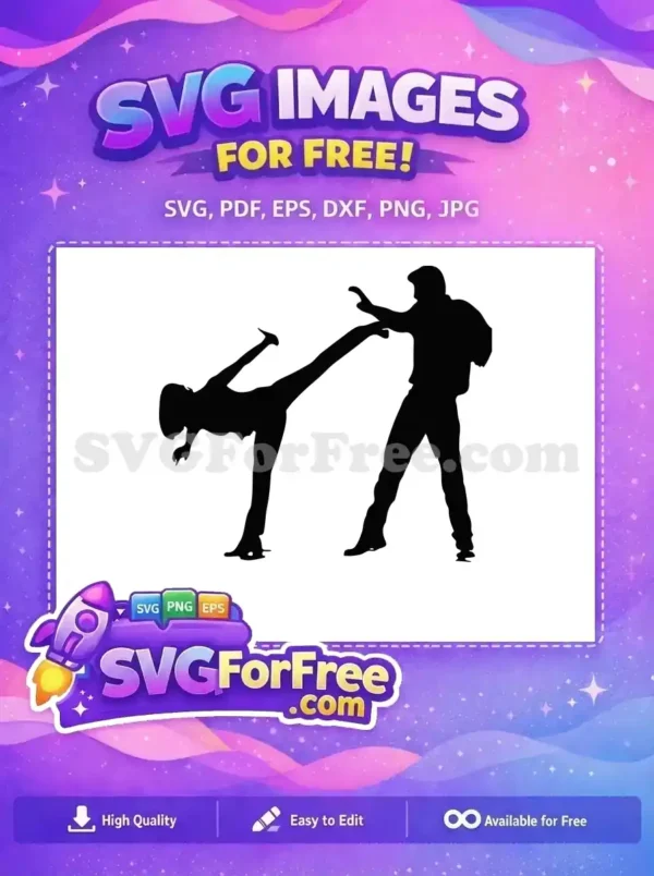 A striking free SVG silhouette of two figures engaged in martial arts, one delivering a kick, the other blocking. Perfect for dynamic designs.