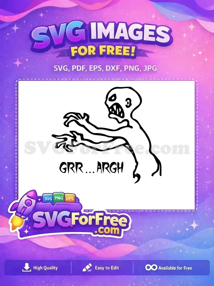 A free black and white vector of an angry monster with sharp teeth and outstretched arms, shouting 'GRR... ARGH'. This free design is ideal for spooky projects.
