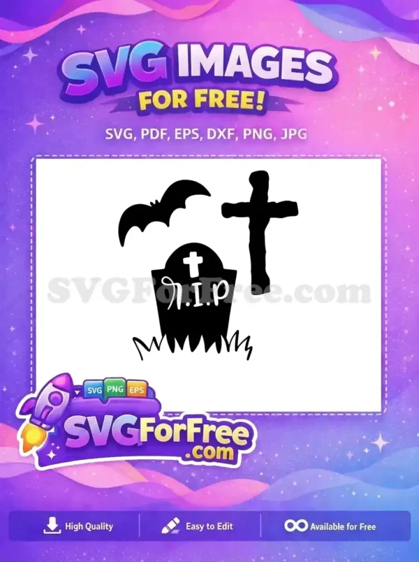 A free spooky Halloween SVG design featuring a flying bat, eerie tombstone with R.I.P., and a weathered cross silhouette.