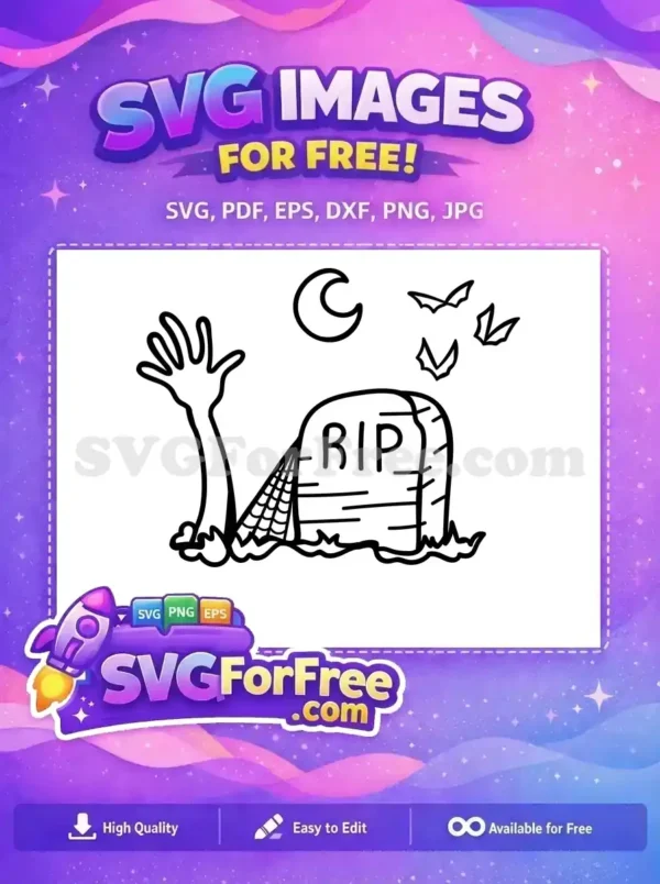 Spooky Graveyard Scene Free SVG for Halloween Crafts A free Halloween graveyard scene SVG. A zombie hand emerges from the ground beside an RIP tombstone, under a crescent moon with flying bats.