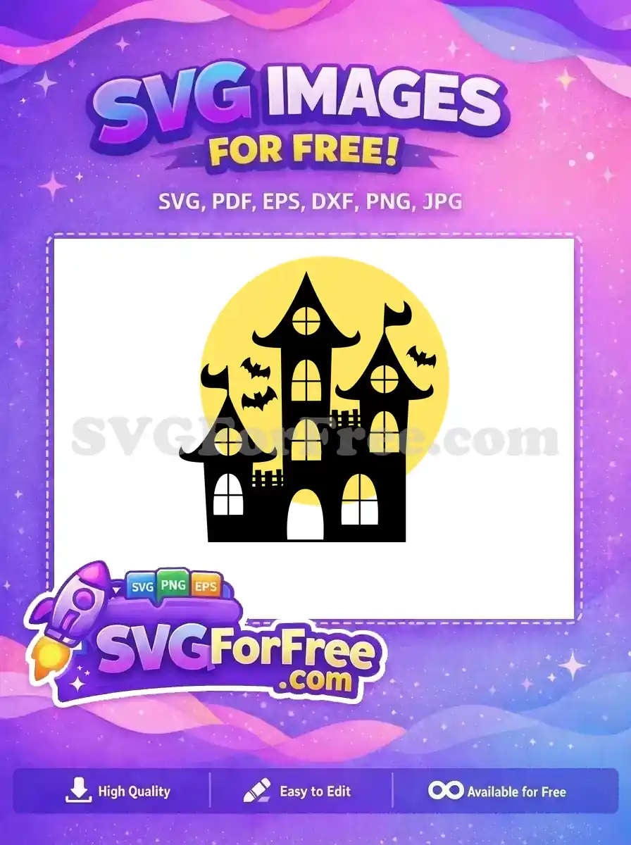 Free spooky haunted house silhouette against a vibrant yellow full moon, with flying bats. Ideal free Halloween design.