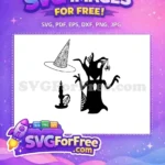 Free Spooky Tree Black Silhouette Free Witch Hat Spiderweb Halloween Free SVG - Instant Download