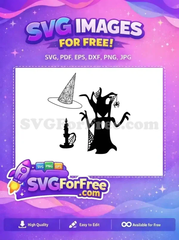 Free Halloween Spooky Elements Design – Instant Download A free design featuring a witch's hat, a spooky tree silhouette with spiderwebs, and a candle, perfect for Halloween projects. Grab this versatile free design now!