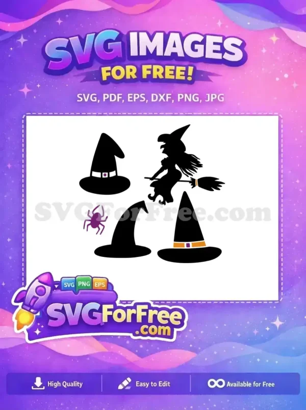 Free Spooky Halloween SVG Bundle: Witch, Hats & Spider! A free Halloween SVG design featuring a flying witch, three distinct witch hats, and a purple spider for spooky crafts.