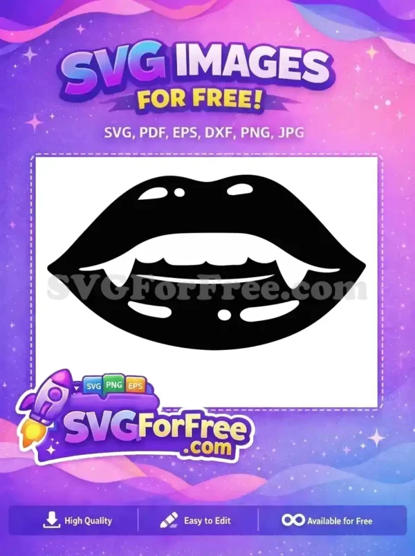 Free Vampire Fangs Lips SVG Design – Spooky & Stylish A captivating free design of vampire lips with sharp fangs, rendered in bold black and white for impact.