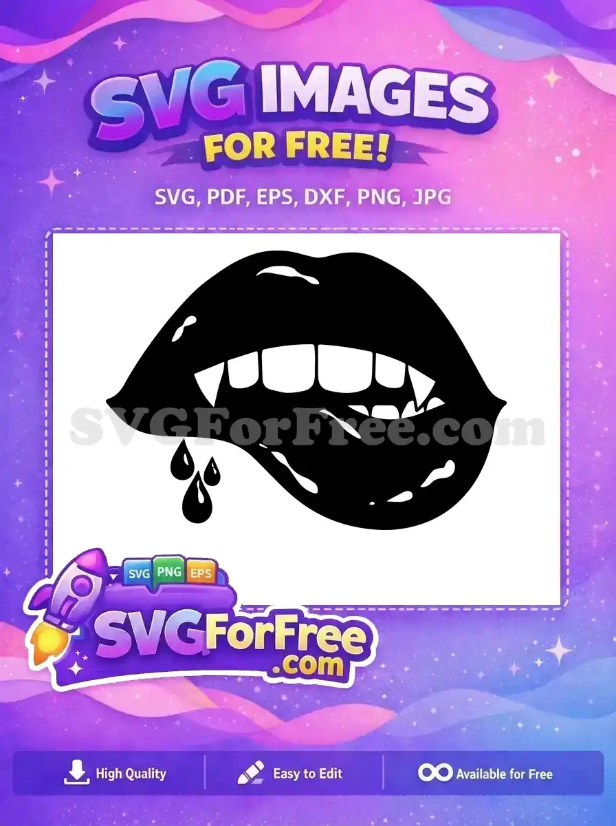 Discover this free vampire lips SVG, featuring sharp fangs and dripping blood for a truly gothic aesthetic. A free design for spooky projects, perfect for Halloween crafts and apparel.