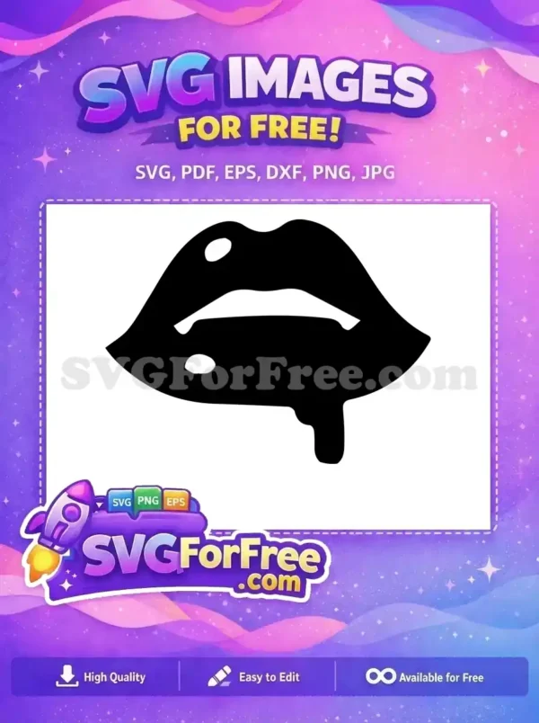 A striking black and white free SVG of dripping lips, ideal for custom apparel, posters, and digital art projects.