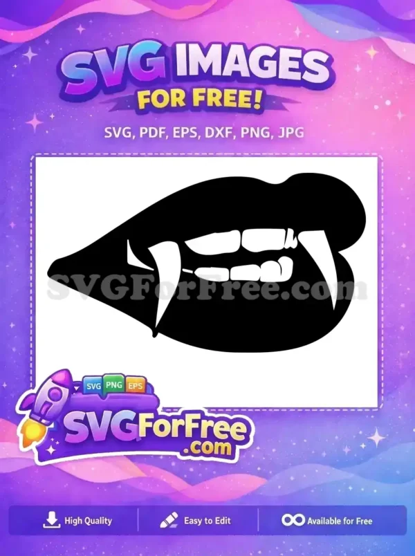 Free Vampire Lips SVG: Spooky Fangs Design for Halloween A bold free SVG of vampire lips featuring sharp, elongated fangs and visible teeth, perfect for spooky designs.