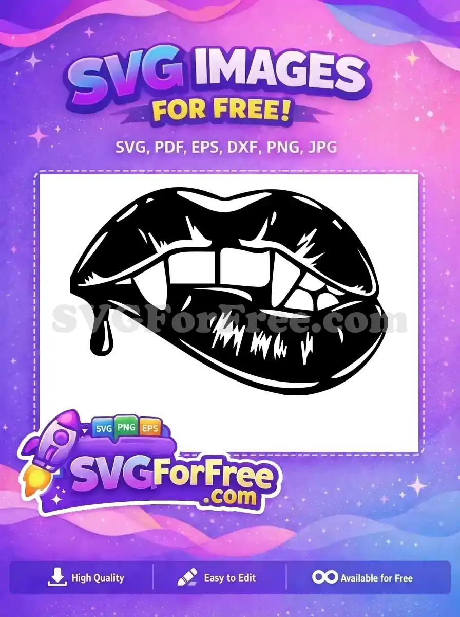 Discover this compelling free design: bold vampire lips with sharp fangs and a chilling blood drip. Perfect for spooky crafts!
