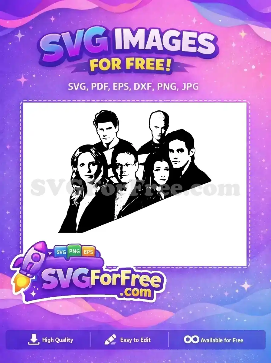 A free SVG of six stylized, black and white pop culture characters, ideal for fan art or custom merchandise, available for free download.