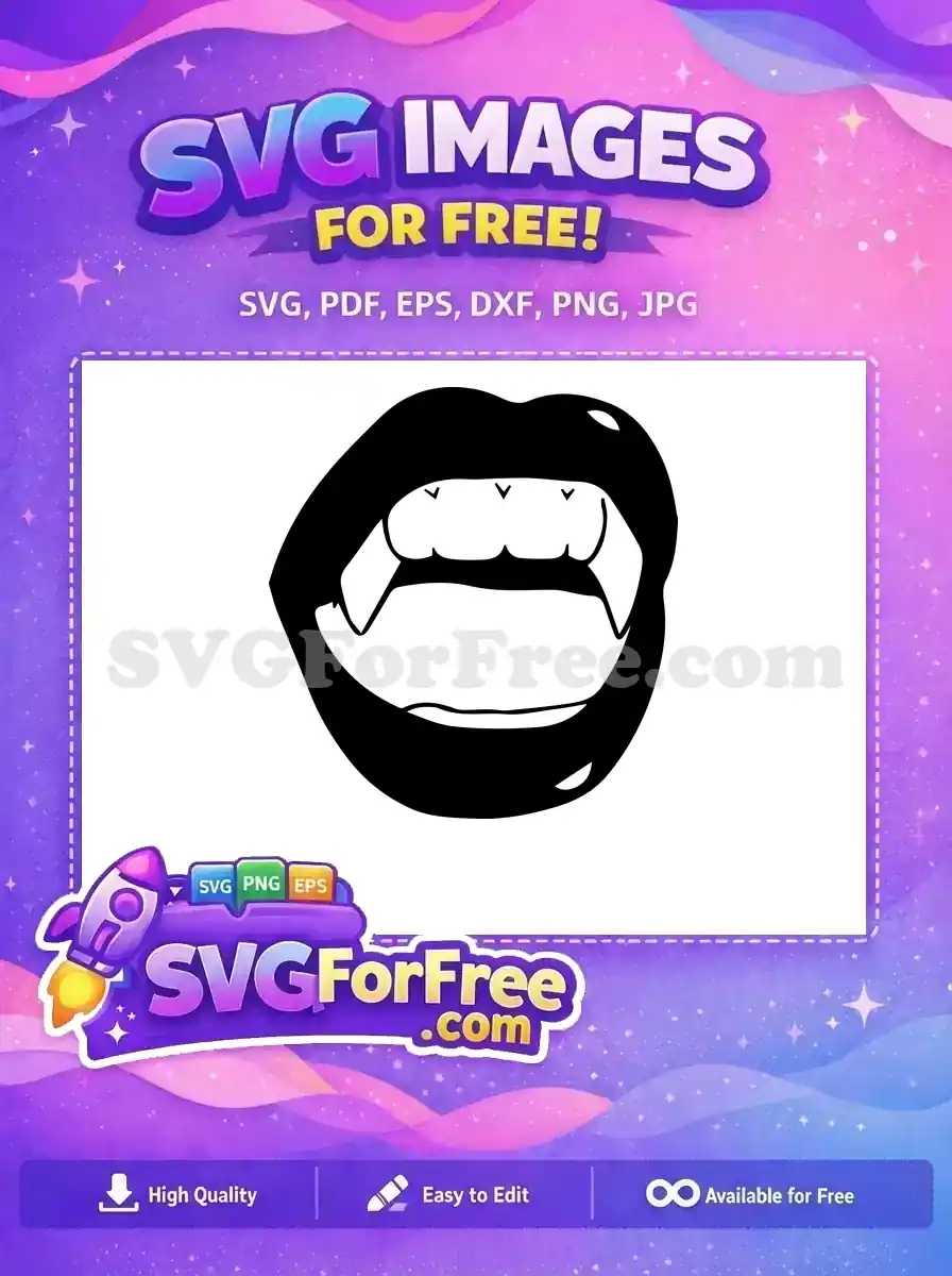 A striking free design of open vampire lips with prominent fangs, ideal for Halloween projects and bold statements. This free SVG offers versatile use.