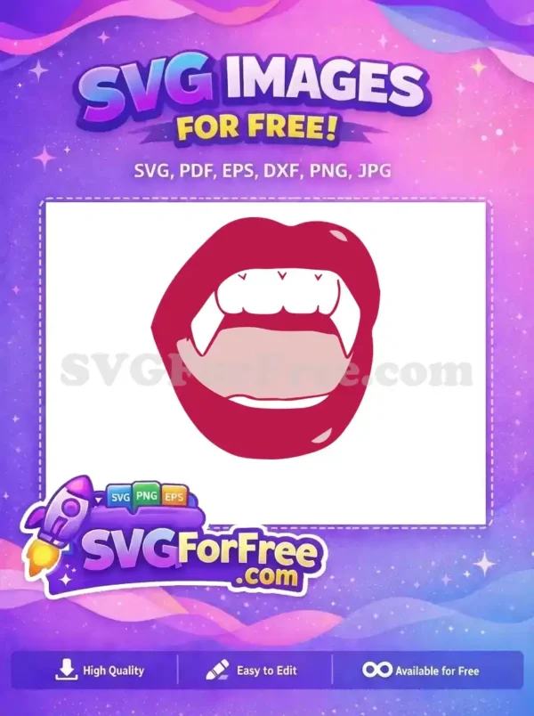 Free Vampire Fangs SVG Design – Spooky Lips Graphic Free A free SVG of menacing vampire fangs within open, red lips and a light pink tongue, ready for spooky designs.