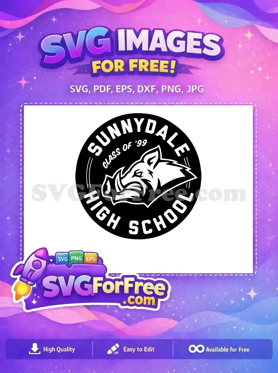 A free SVG design featuring a black and white circular logo for Sunnydale High School Class of '99, with an aggressive wild boar mascot. This free vector is perfect for school pride.