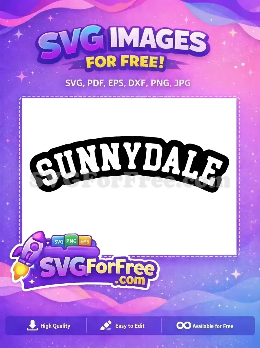 Free Sunnydale SVG logo design, a bold white text with a thick black outline, arced in a classic banner style. This free graphic is perfect for fans and crafts.