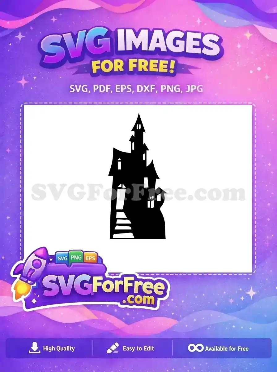 A free spooky haunted house silhouette, perfect for Halloween crafts. This free design features a tall, eerie mansion with jagged roofs and dark windows, an iconic free vector.